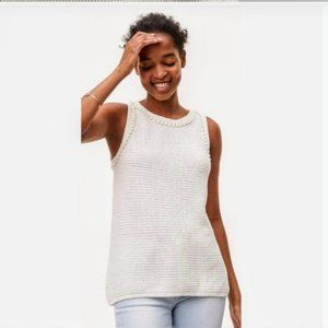 LOFT Ivory Sleeveless Cotton Knit Top with Pom Pom Trim